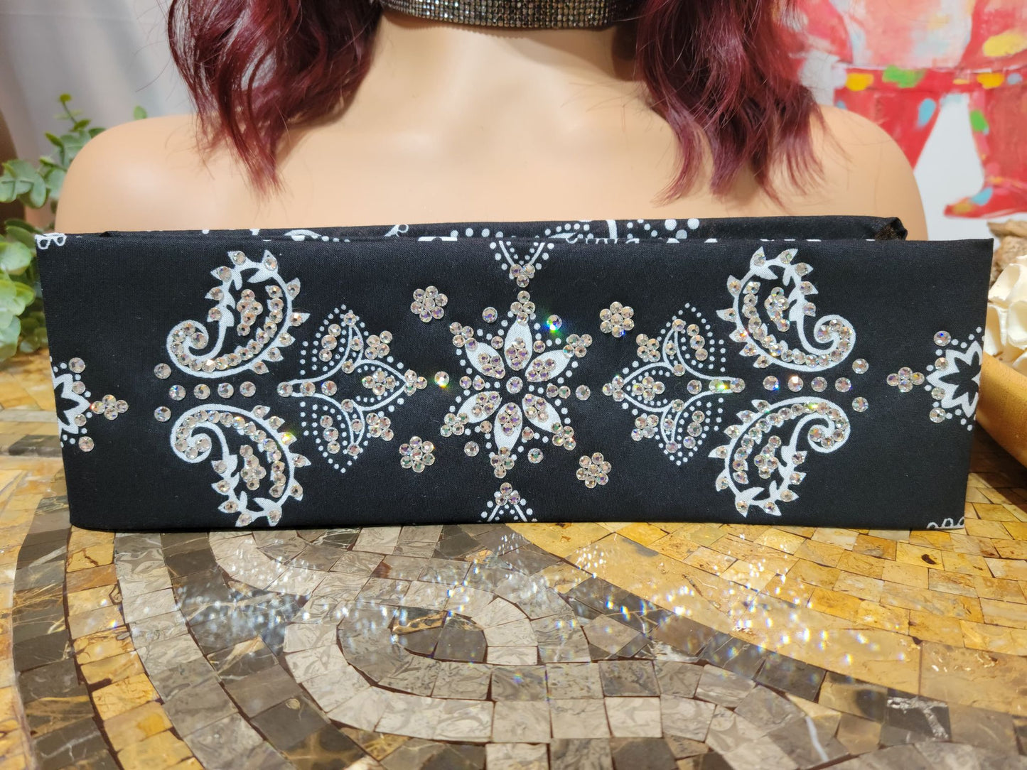 LeeAnnette Black Flower Paisley with Diamond Clear Austrian Crystals (sku4984)