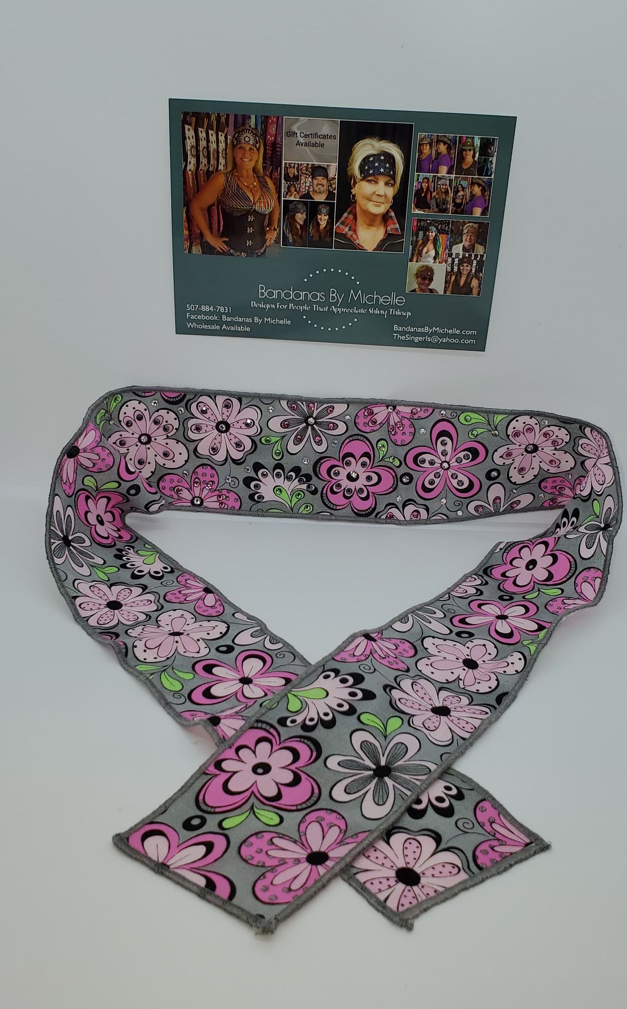 Pink Flowers on Gray Headband Strip with Black, Pink, Green and Diamond Clear Swarovski Crystals (Sku5506)