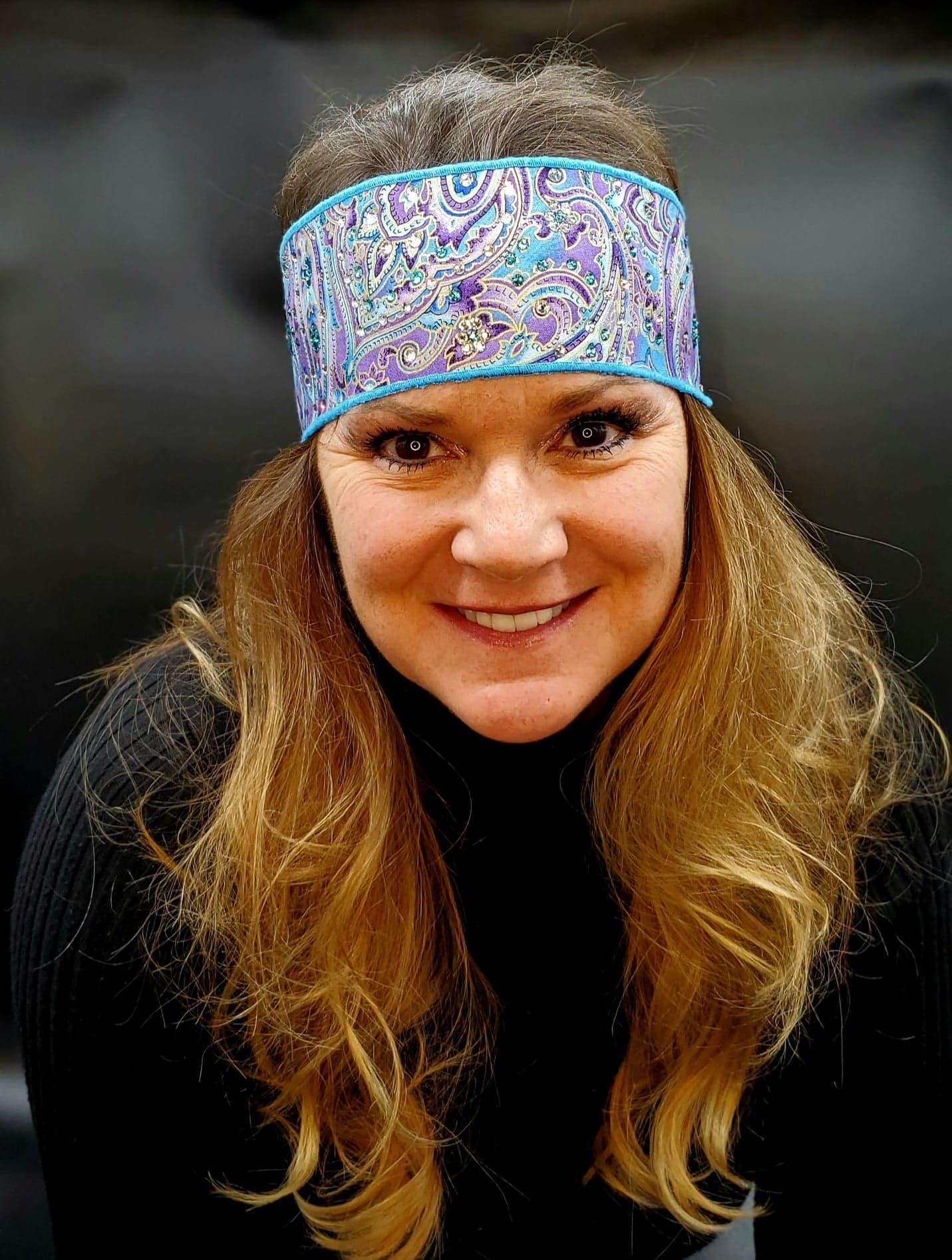 Purple and Gold Paisley Headband Strip with Turquoise and Diamond Clear Swarovski Crystals (Sku5520)