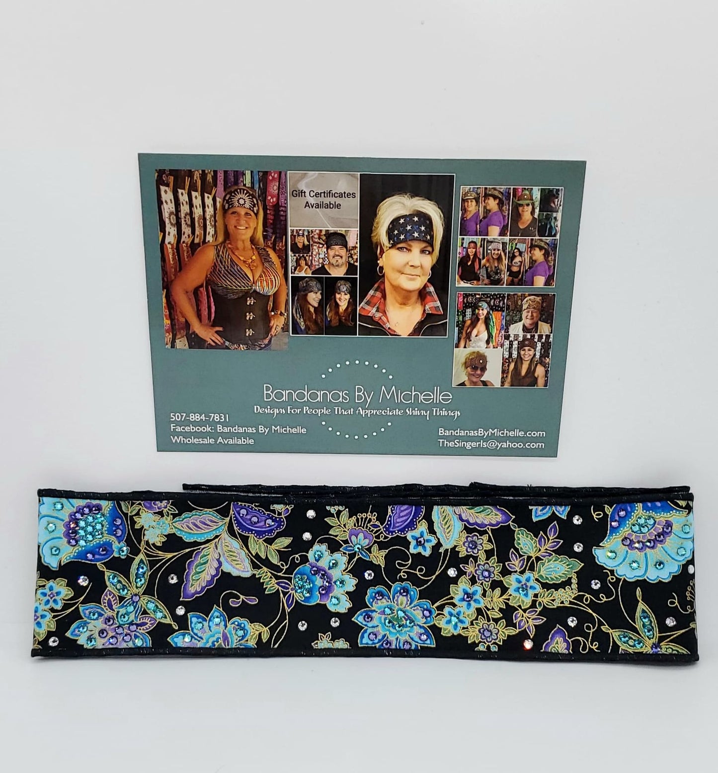 Purple and Blue Flowers on Black Headband Strip with Purple, Turquoise and Diamond Clear Swarovski Crystals (Sku5534)