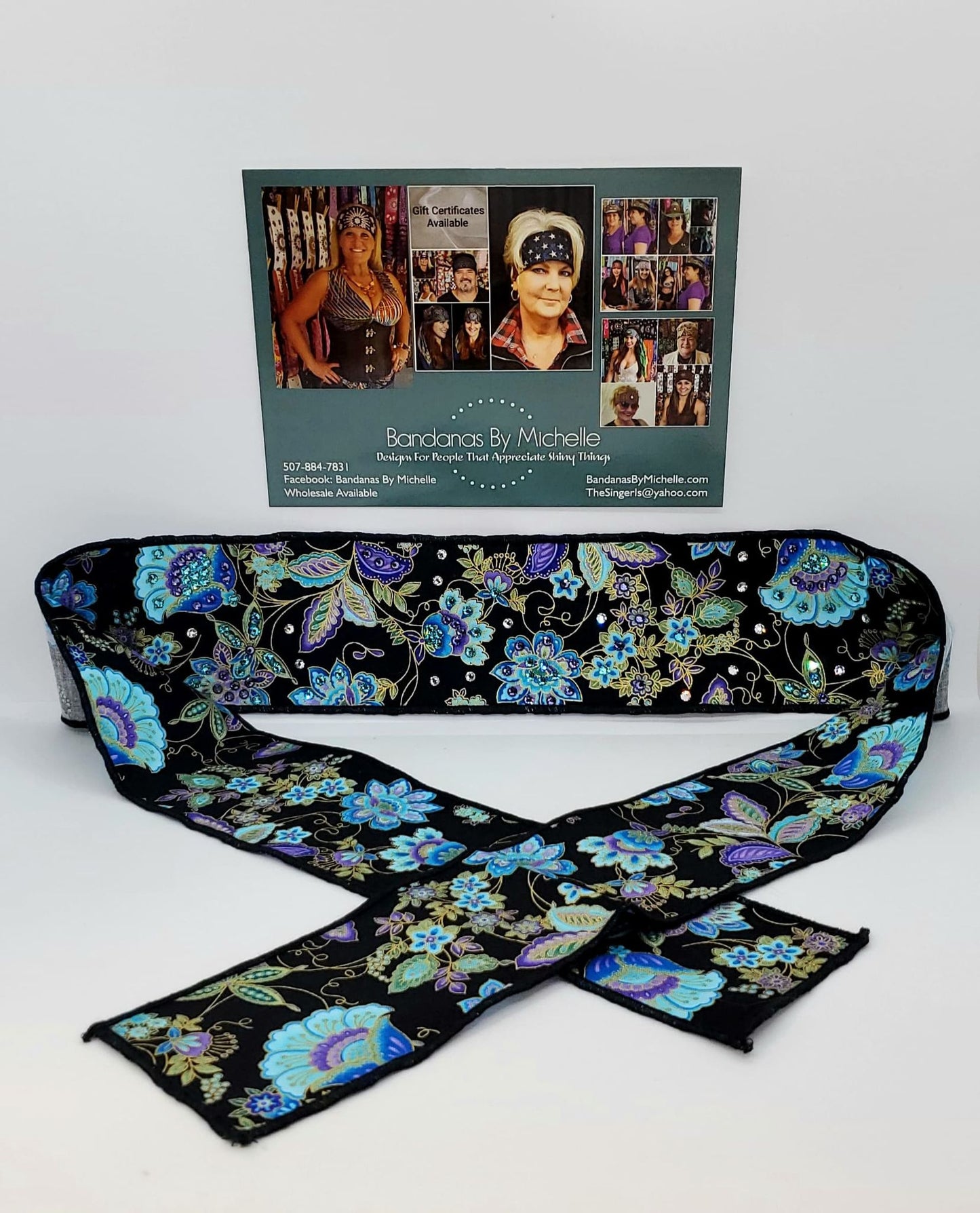 Purple and Blue Flowers on Black Headband Strip with Purple, Turquoise and Diamond Clear Swarovski Crystals (Sku5534)