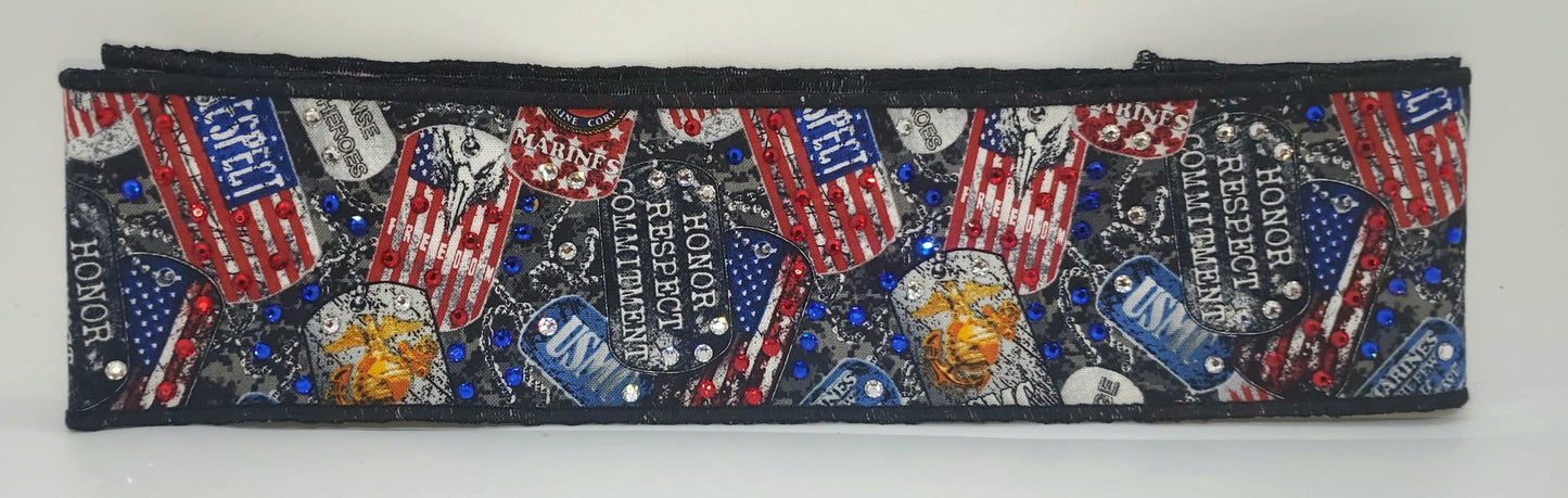 Marines Headband Strip with Red, Blue and Diamond Clear Swarovski Crystals (Sku5542)