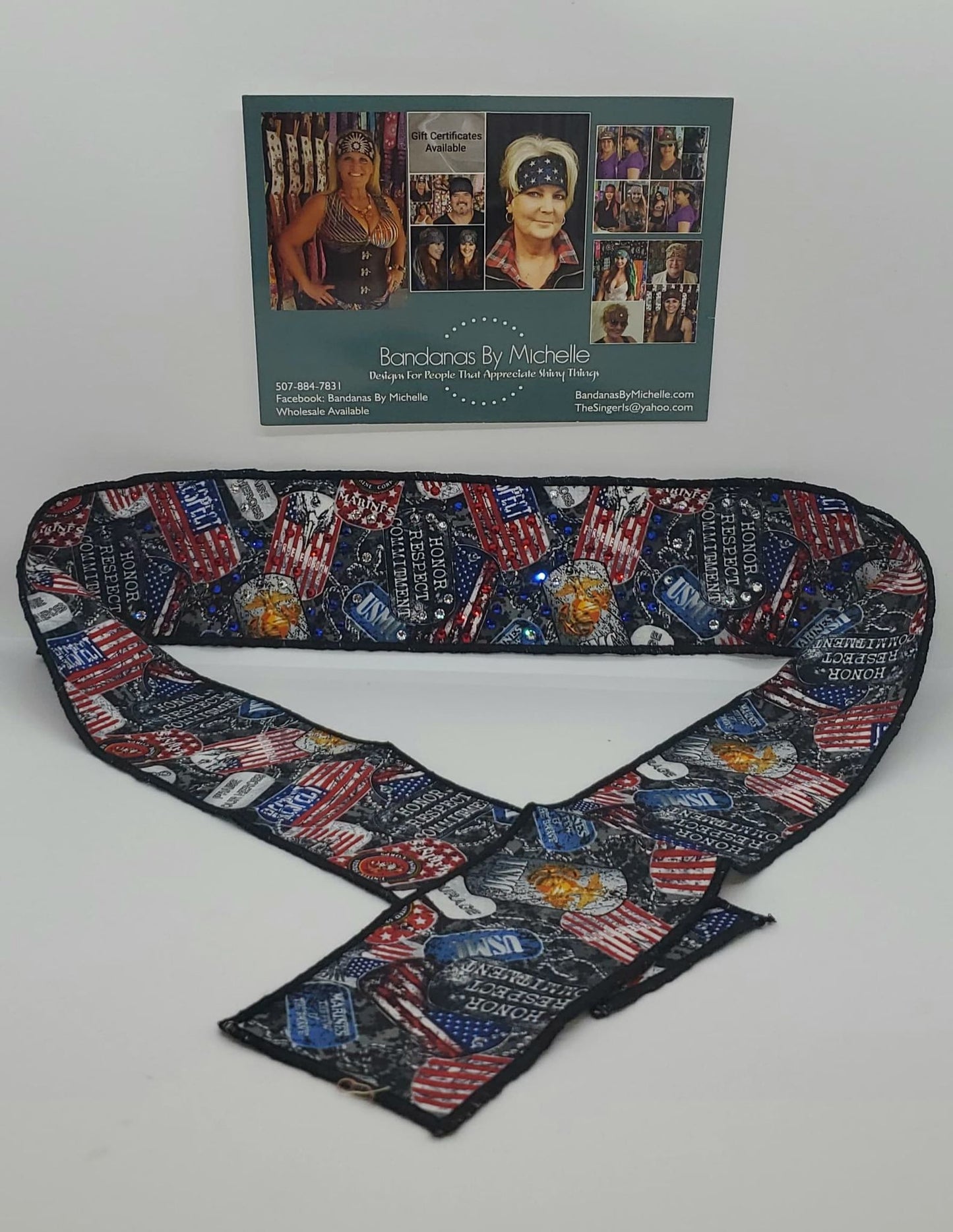 Marines Headband Strip with Red, Blue and Diamond Clear Swarovski Crystals (Sku5542)