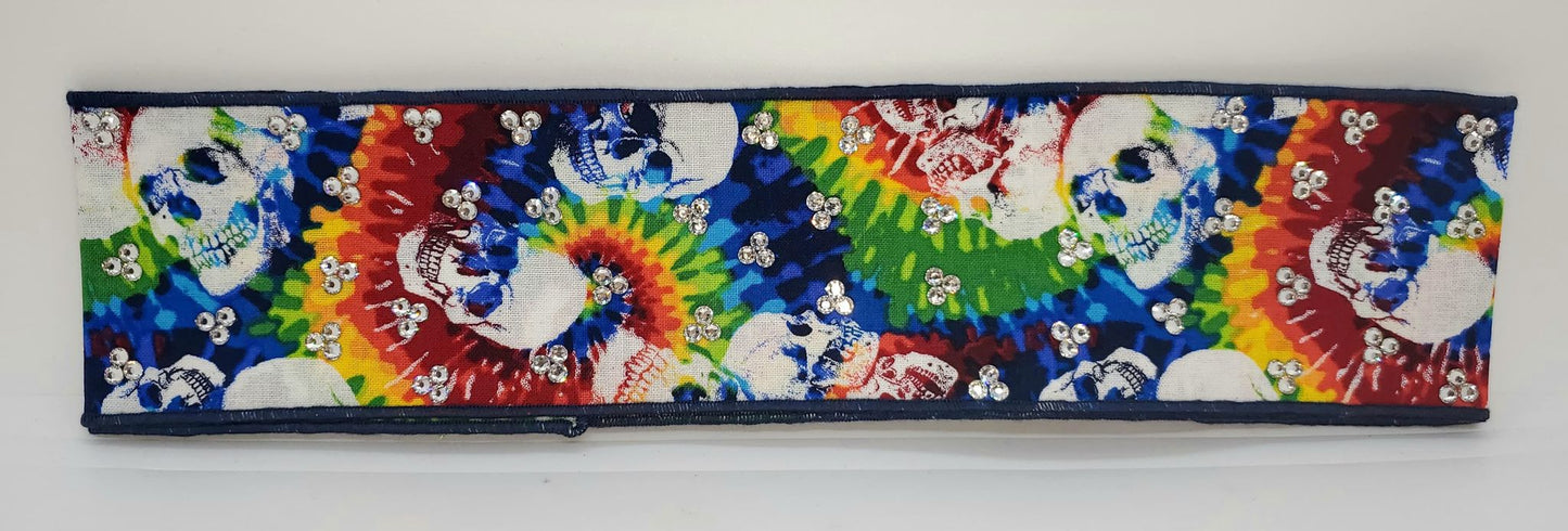 Tie Dye Skulls Headband Strip with Diamond Clear Austrian Crystals (Sku5554)