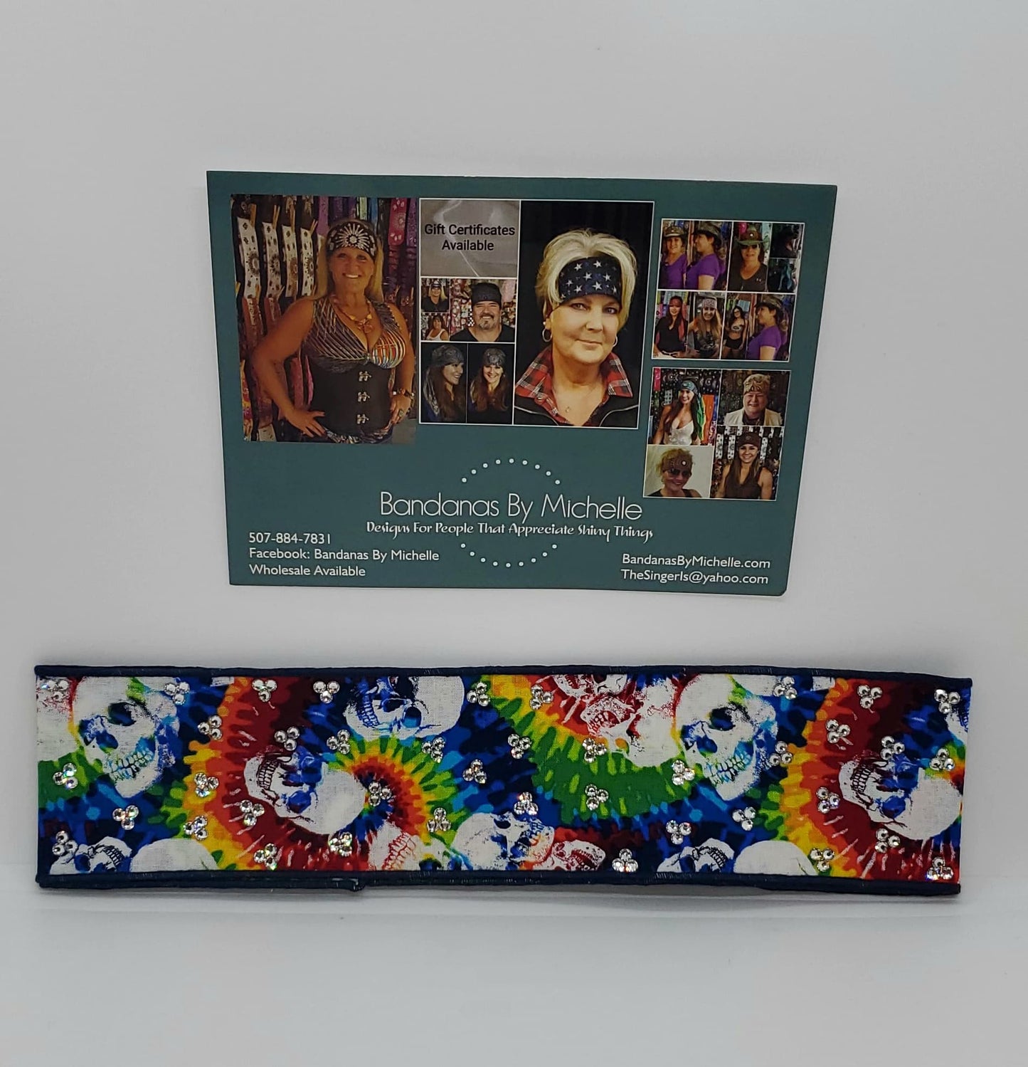 Tie Dye Skulls Headband Strip with Diamond Clear Austrian Crystals (Sku5554)