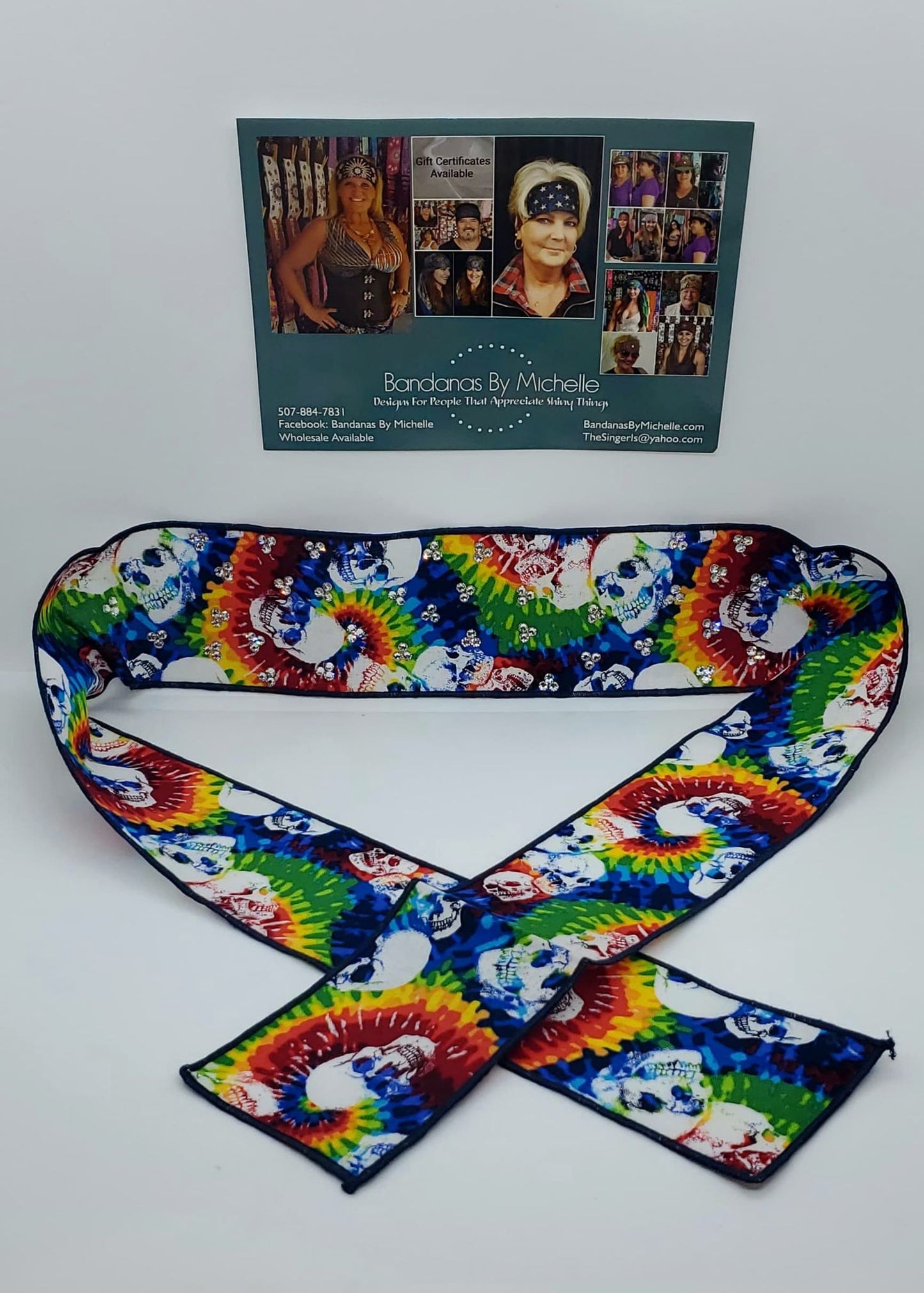 Tie Dye Skulls Headband Strip with Diamond Clear Austrian Crystals (Sku5554)