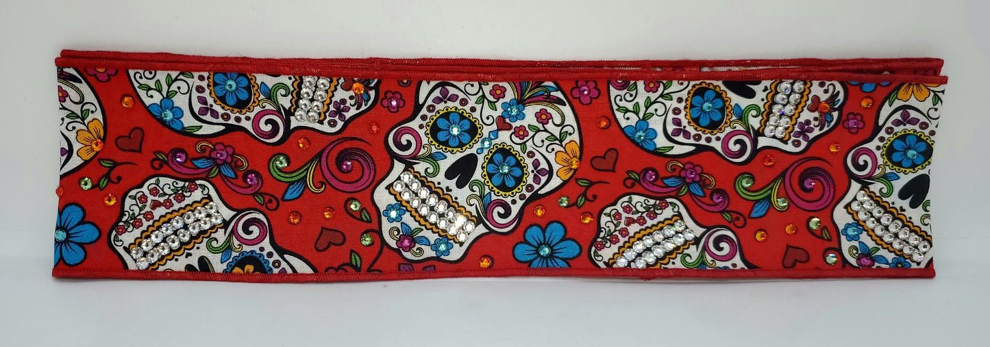 Red Sugar Skull Headband Strip with Multiple Colors of Austrian Crystals (Sku5556)