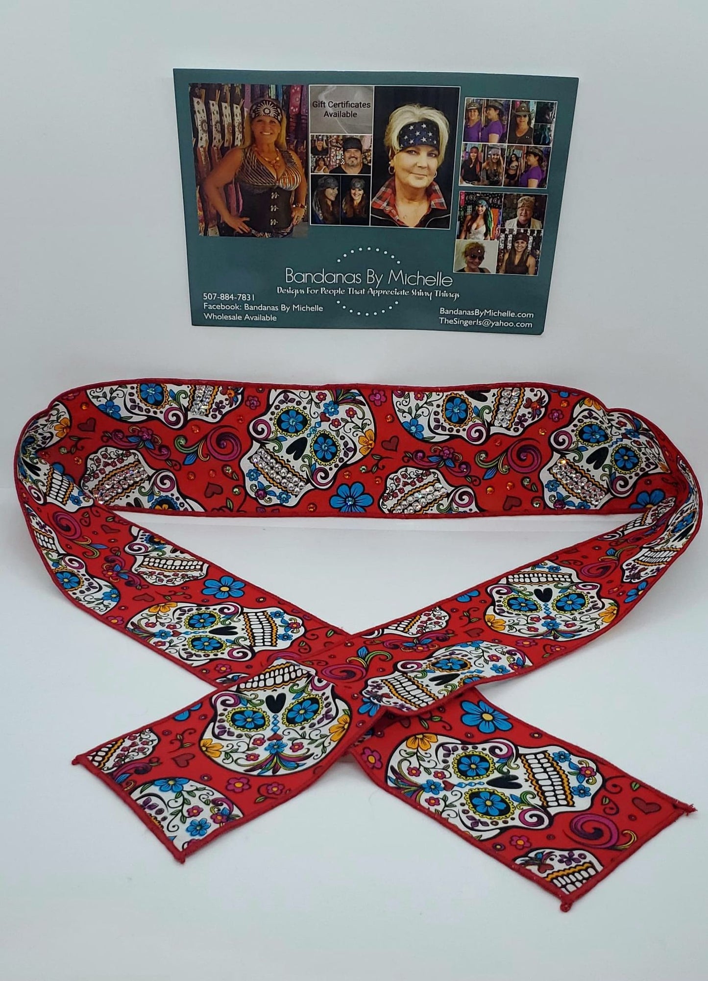 Red Sugar Skull Headband Strip with Multiple Colors of Austrian Crystals (Sku5556)
