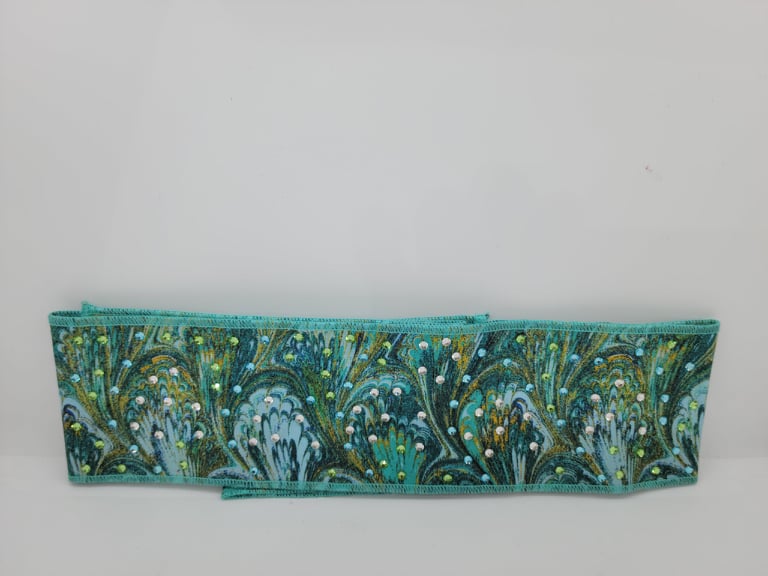 Turquoise Oil Slick Headband Strip with Light Blue, Diamond Clear and Light Green Austrian Crystals (Sku5558)