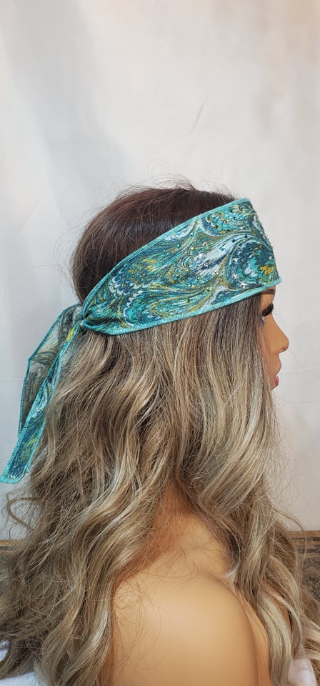 Turquoise Oil Slick Headband Strip with Light Blue, Diamond Clear and Light Green Austrian Crystals (Sku5558)