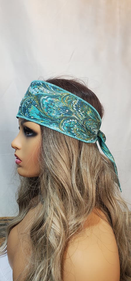Turquoise Oil Slick Headband Strip with Light Blue, Diamond Clear and Light Green Austrian Crystals (Sku5558)