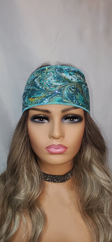 Turquoise Oil Slick Headband Strip with Light Blue, Diamond Clear and Light Green Austrian Crystals (Sku5558)