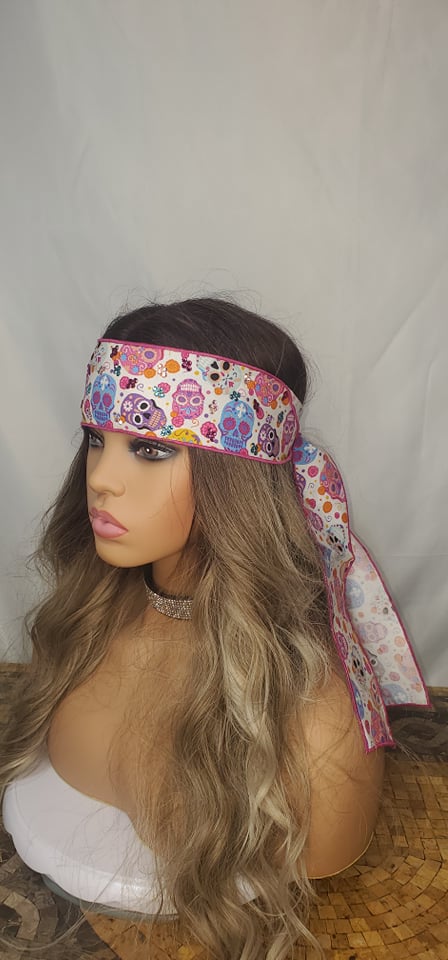 Bright Sugar Skull Headband Strip with Turquoise, Fuchsia and Aurora Borealis Austrian Crystals (Sku5566)