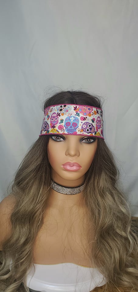Bright Sugar Skull Headband Strip with Turquoise, Fuchsia and Aurora Borealis Austrian Crystals (Sku5566)