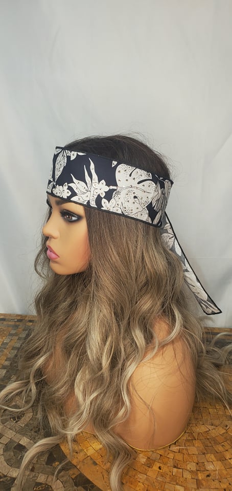 White jungle Leaves on Navy Headband Strip with Diamond Clear Austrian Crystals (Sku5568)
