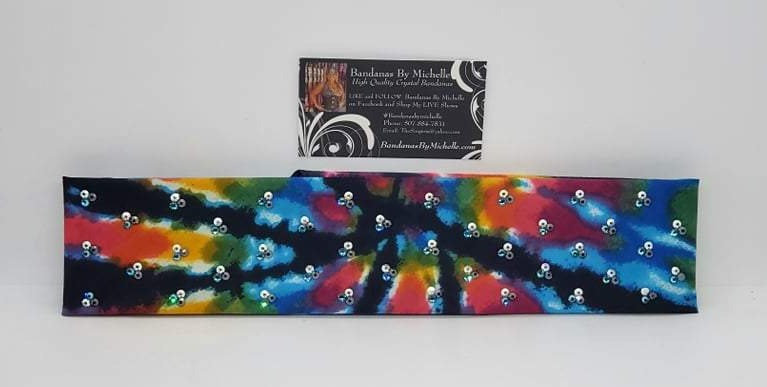 Narrow Tie Dye Black Hole Bandana with Teal, Black and Aurora Borealis Austrian Crystals (Sku6018)