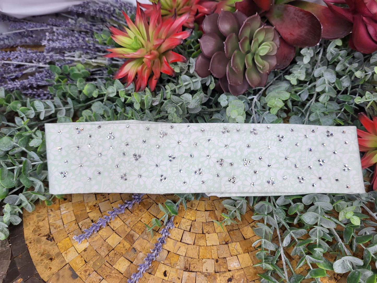 Narrow Light Green Flowers with Diamond Clear Austrian Crystals (Sku6055)