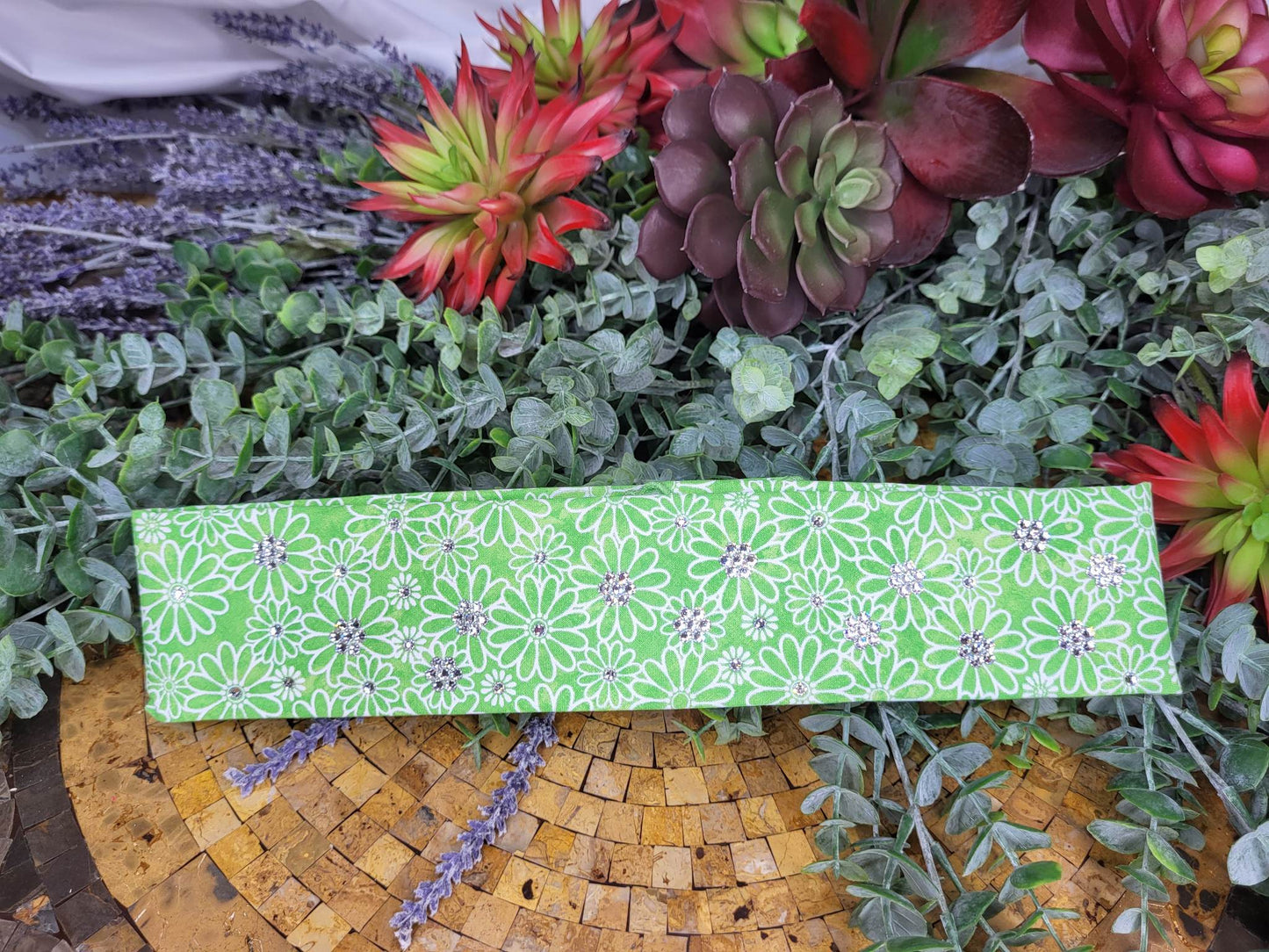 Narrow Green Daisy with Diamond Clear Austrian Crystals (Sku6052)