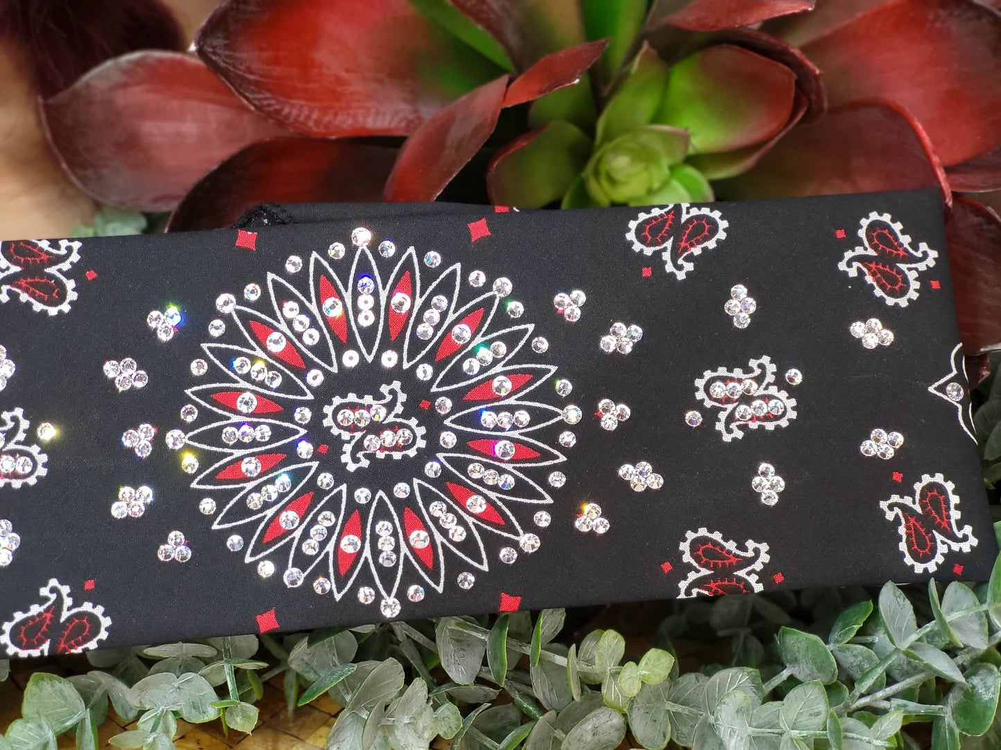 Extra Bling - Wide Black and Red Paisley Bandana with Diamond Clear Austrian Crystals (Sku6059)