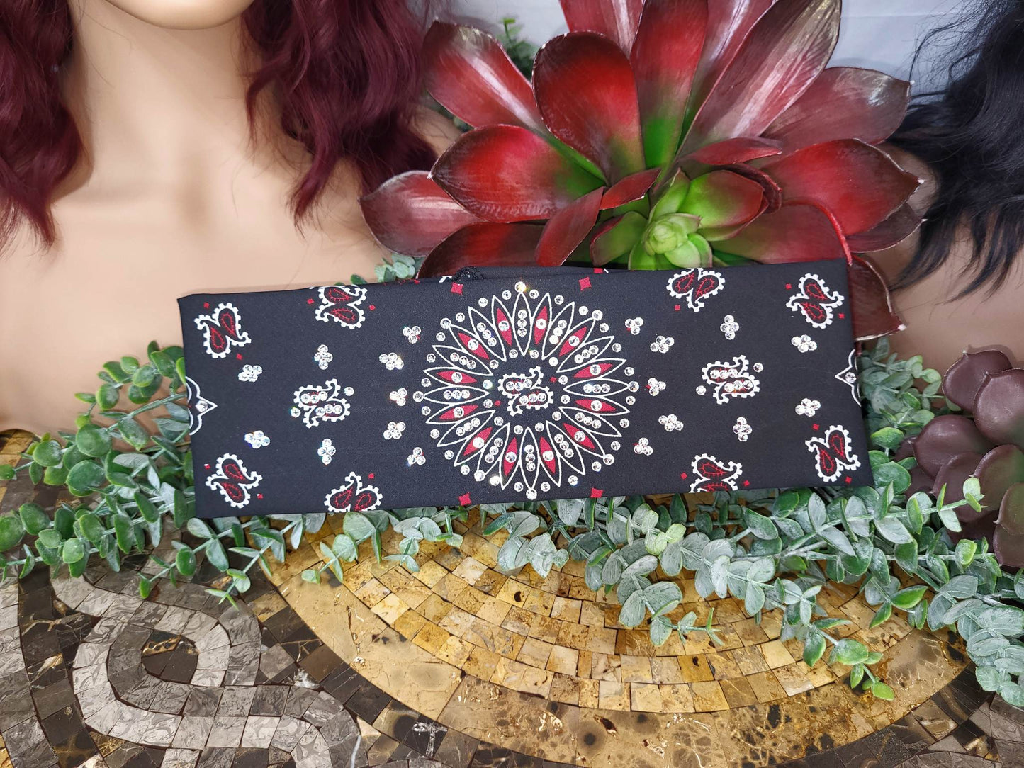 Extra Bling - Wide Black and Red Paisley Bandana with Diamond Clear Austrian Crystals (Sku6059)