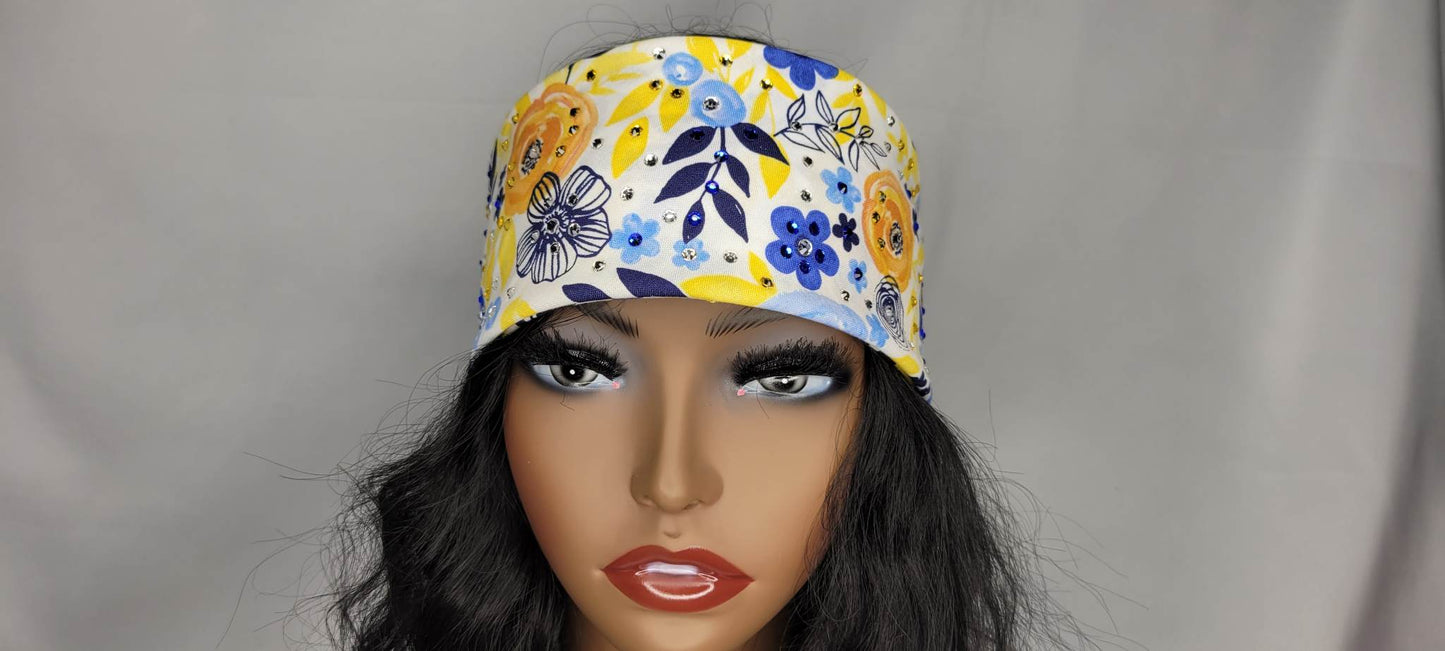 Yellow and Blue Flowers Bandana with Blue, Yellow and Diamond Clear Austrian Crystals (Sku6061)