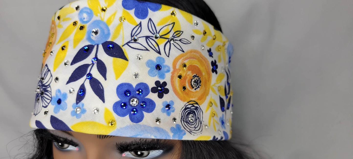 Yellow and Blue Flowers Bandana with Blue, Yellow and Diamond Clear Austrian Crystals (Sku6061)