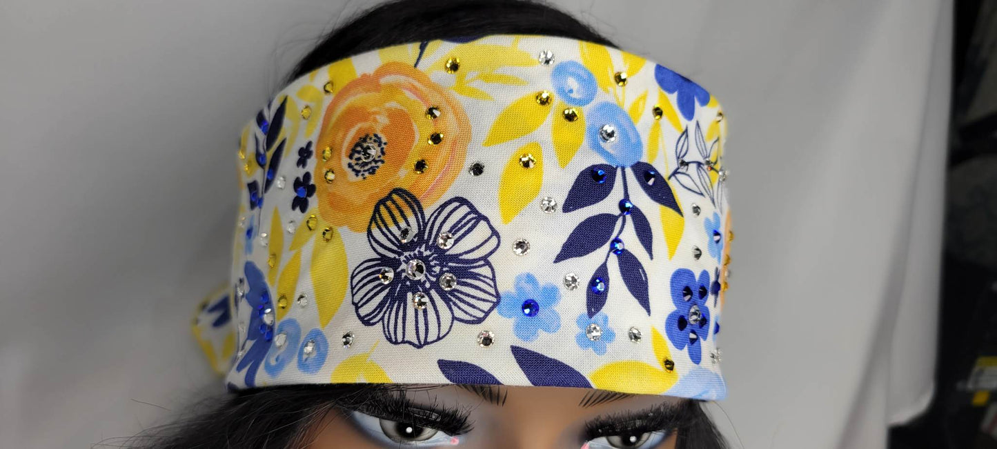 Yellow and Blue Flowers Bandana with Blue, Yellow and Diamond Clear Austrian Crystals (Sku6061)