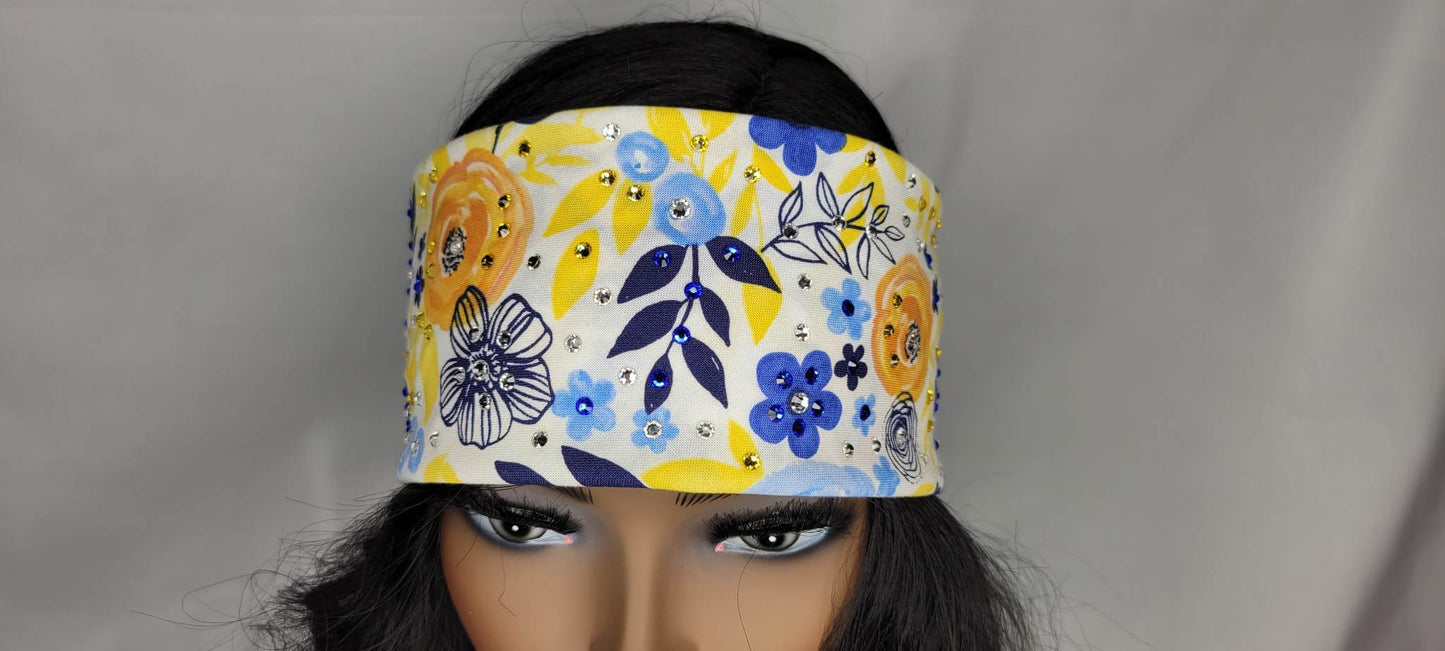 Yellow and Blue Flowers Bandana with Blue, Yellow and Diamond Clear Austrian Crystals (Sku6061)