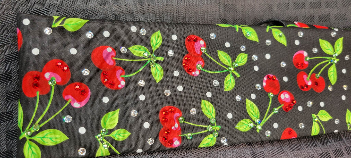 Cherries on Black Bandana with Red, Green and Diamond Clear Austrian Crystals (Sku6062)