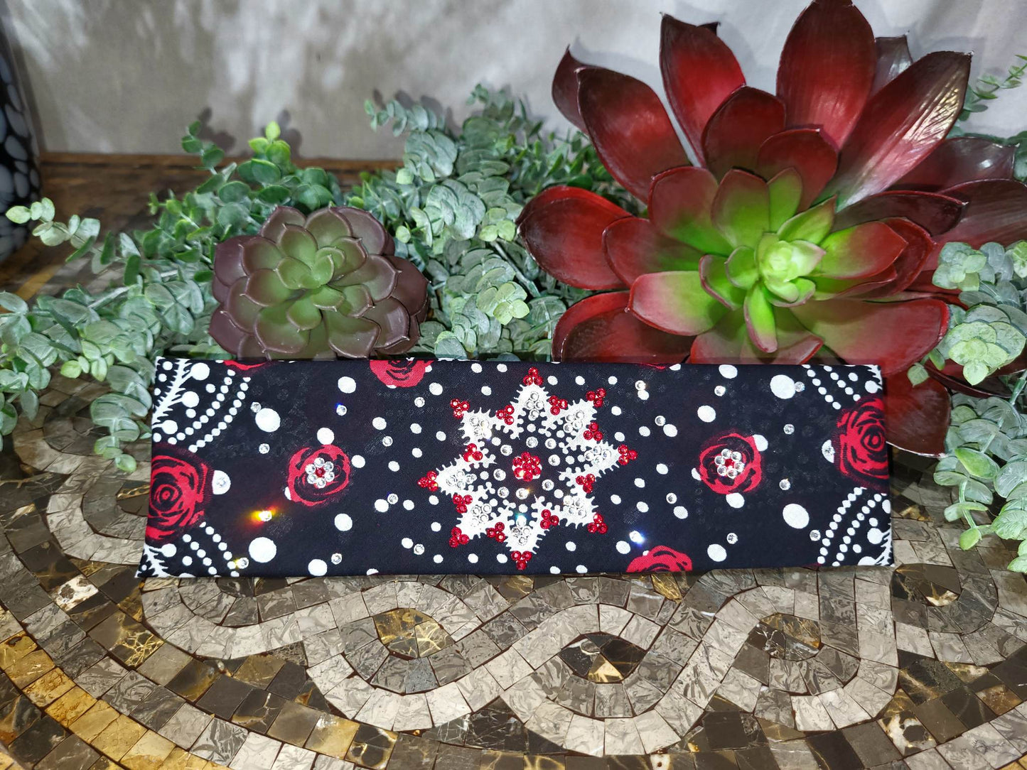 Roses Bandana with Red and Diamond Clear Austrian Crystals (Sku6066)
