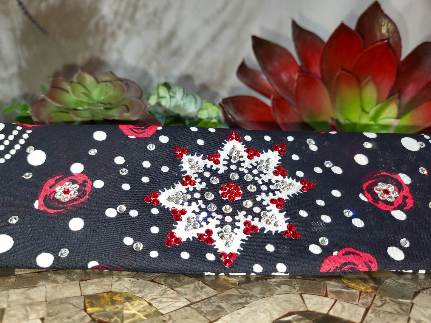Roses Bandana with Red and Diamond Clear Austrian Crystals (Sku6066)