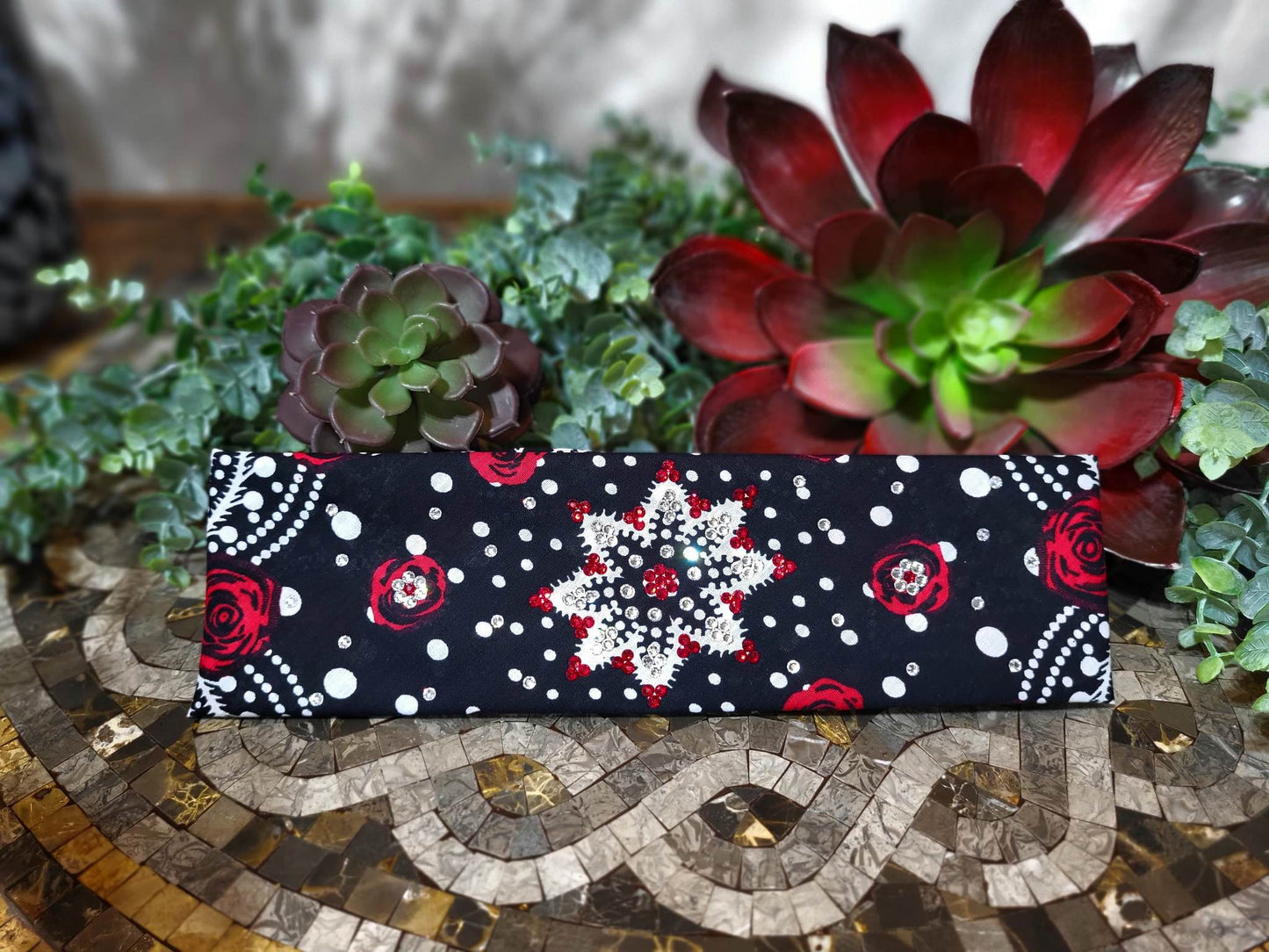 Roses Bandana with Red and Diamond Clear Austrian Crystals (Sku6066)