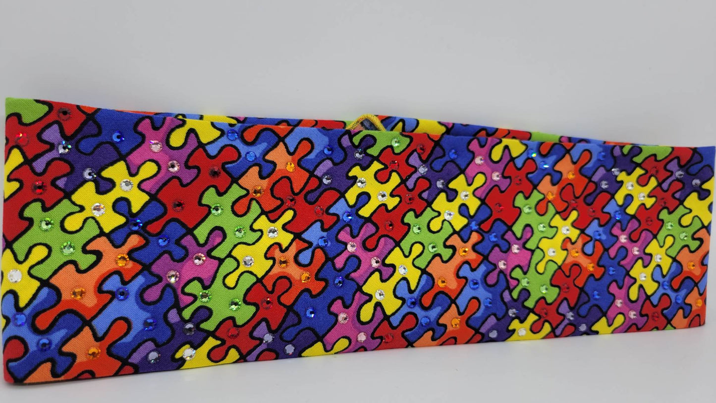 Autism Puzzle Pieces Bandana with Multiple Colors of Austrian Crystals (Sku6070)