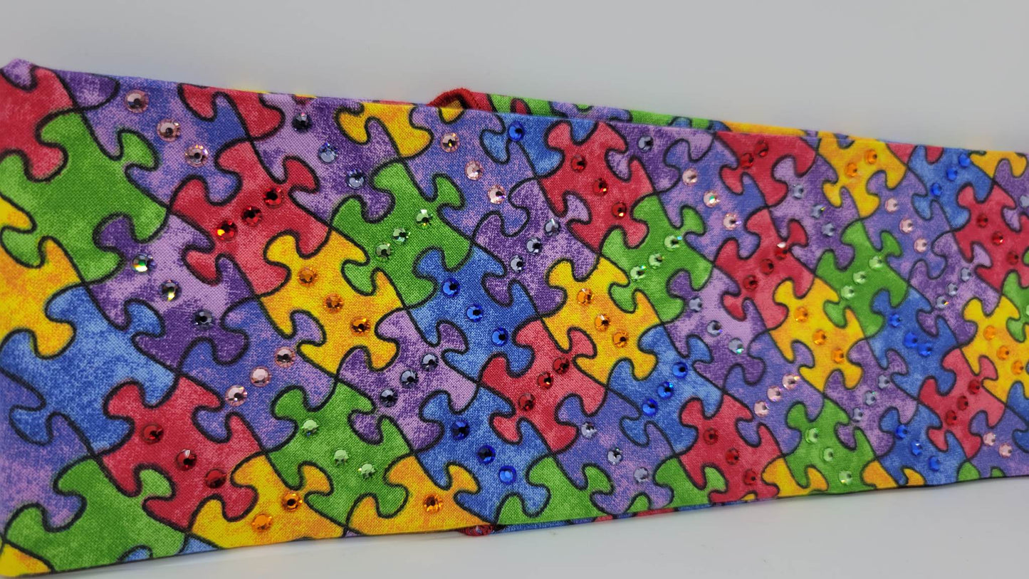 Faded Autism Puzzle Pieces with Multiple Colors of Austrian Crystals (Sku6071)