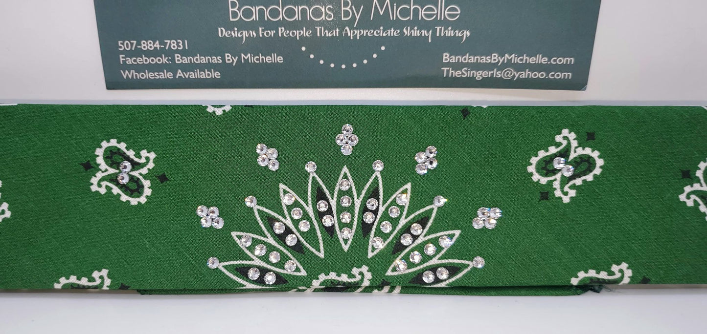 Narrow Bargain Green Paisley Bandana with Diamond Clear Crystals (Sku8055)