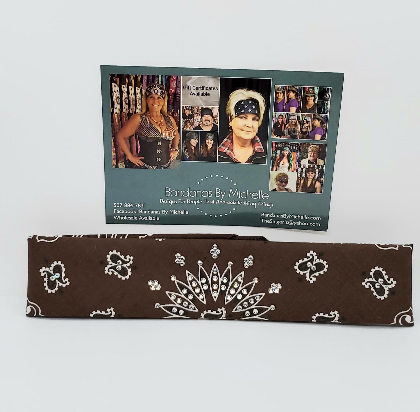 Narrow Bargain Brown Paisley Bandana with Diamond Clear Crystals (Sku8057)