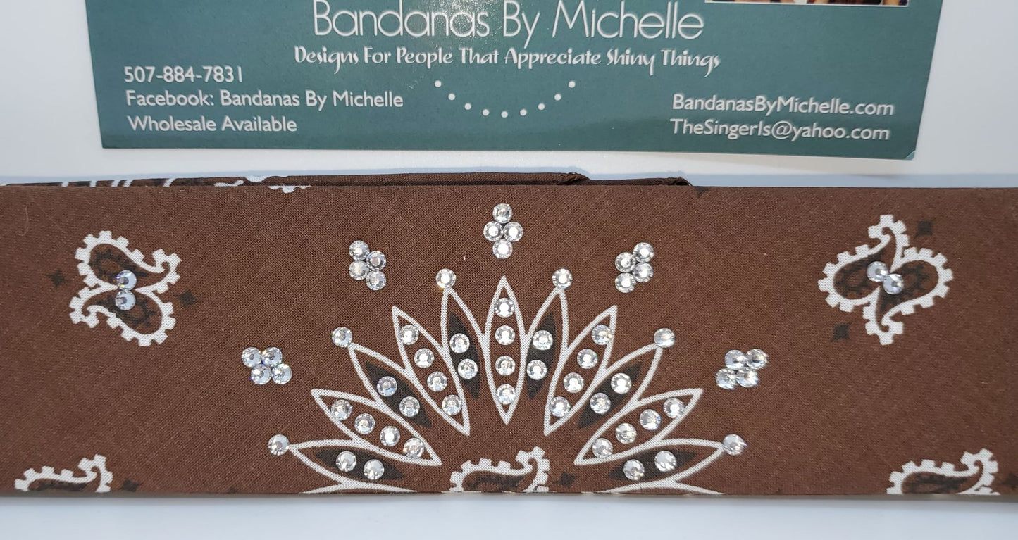 Narrow Bargain Brown Paisley Bandana with Diamond Clear Crystals (Sku8057)