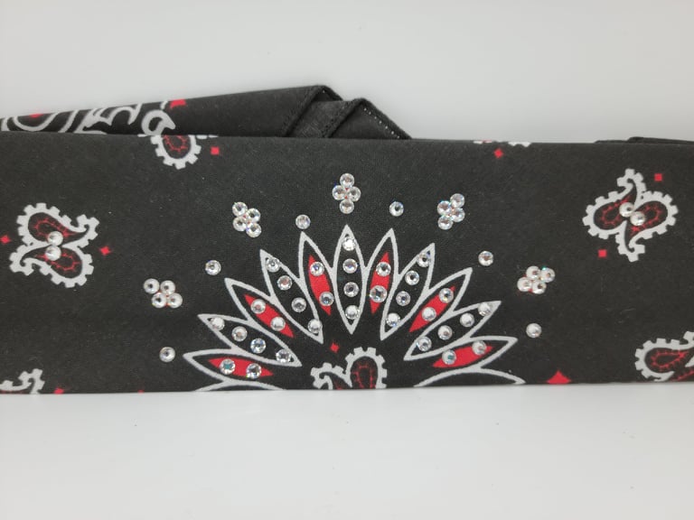 Narrow Bargain Red and Black Paisley Bandana with Diamond Clear Crystals (Sku8058)