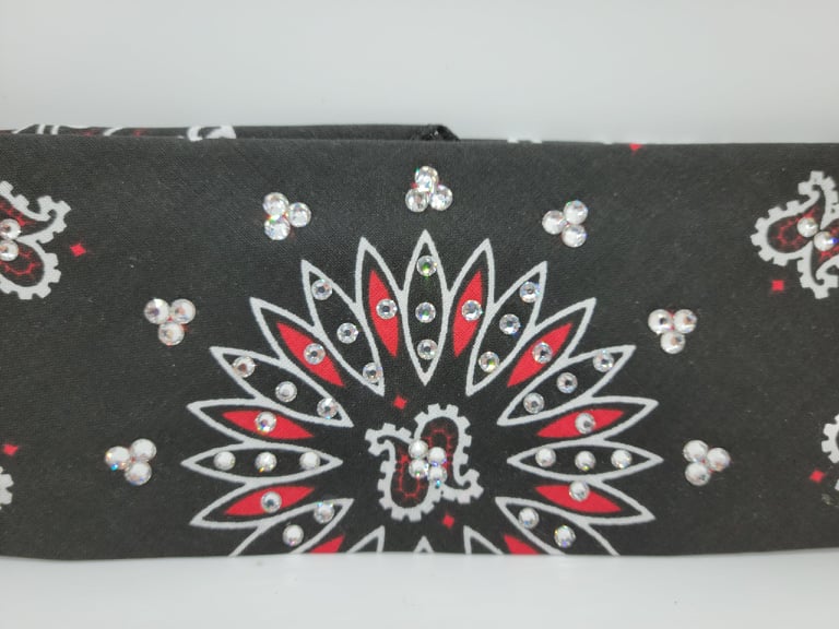 Bargain Red and Black Paisley Bandana with Diamond Clear Crystals (Sku8071)