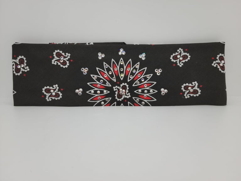 Bargain Red and Black Paisley Bandana with Diamond Clear Crystals (Sku8071)