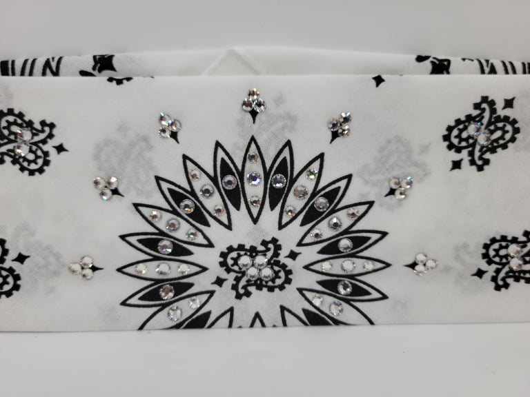 Bargain White Paisley Bandana with Diamond Clear Crystals (Sku8072)