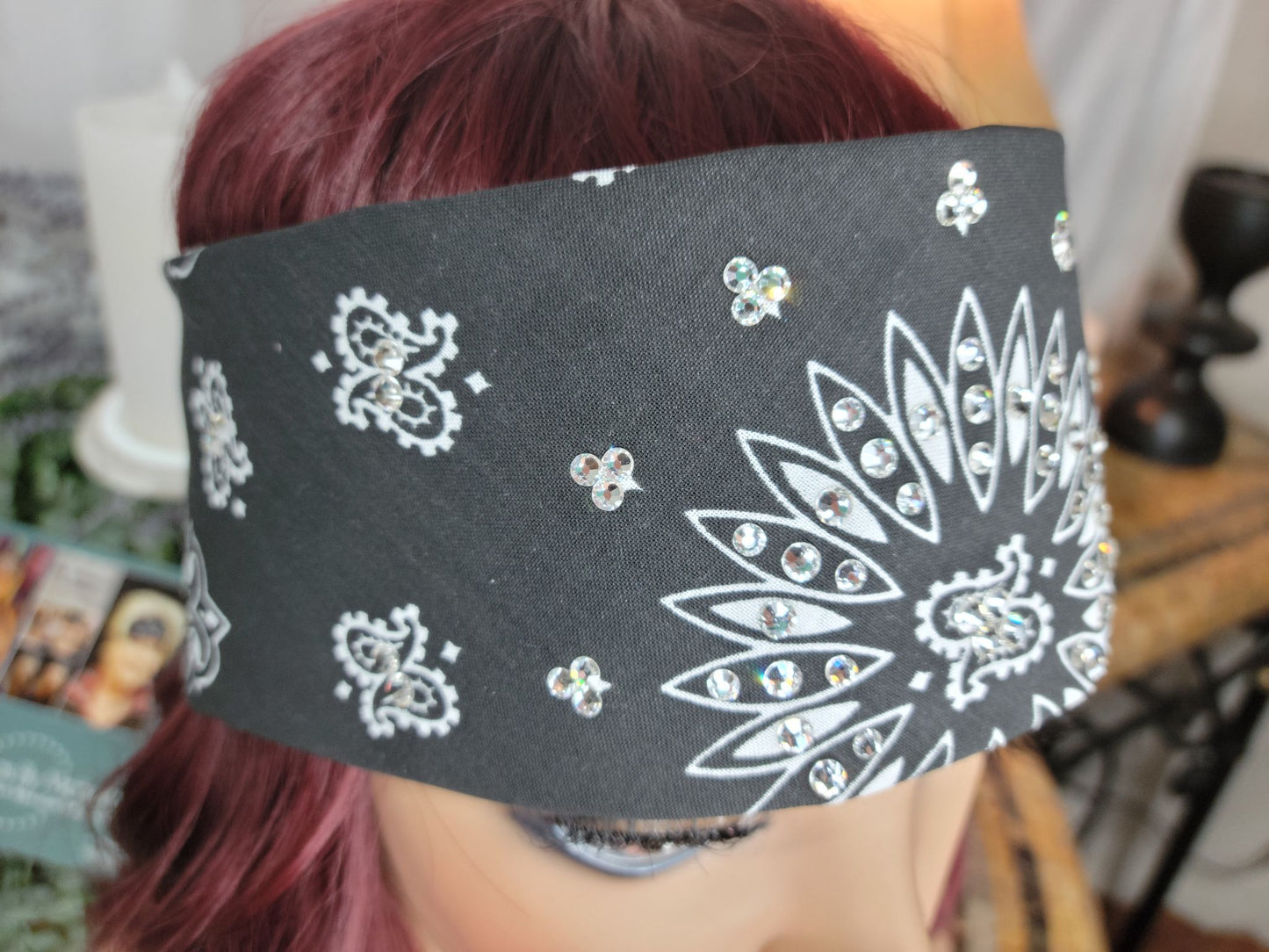 Bargain Black Paisley Bandana with Diamond Clear Crystals (Sku8082)