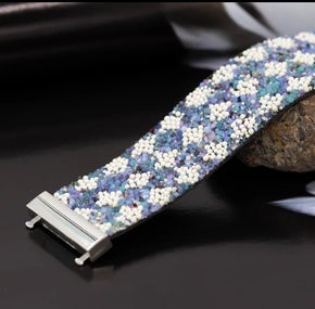Elegant Synthetic Leather Blue and White Stone Wrap Bracelet (Sku8310)