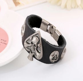Narrow UNISEX Soft Black Leather Ace Of Spades Skull Bracelet (sku8316)