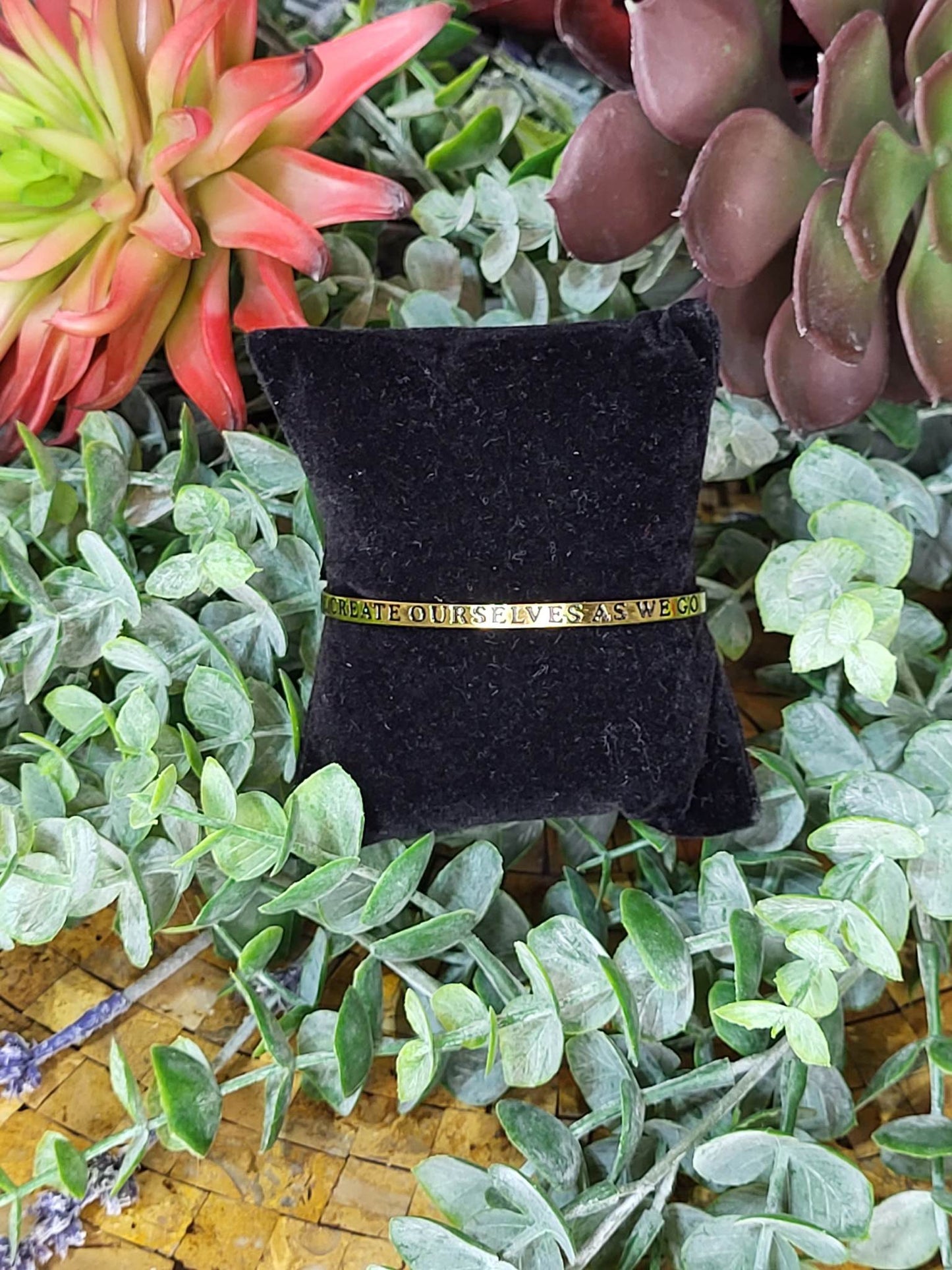 Brass "We Create Ourselves As We Go" Cuff Bracelet (Sku8937)