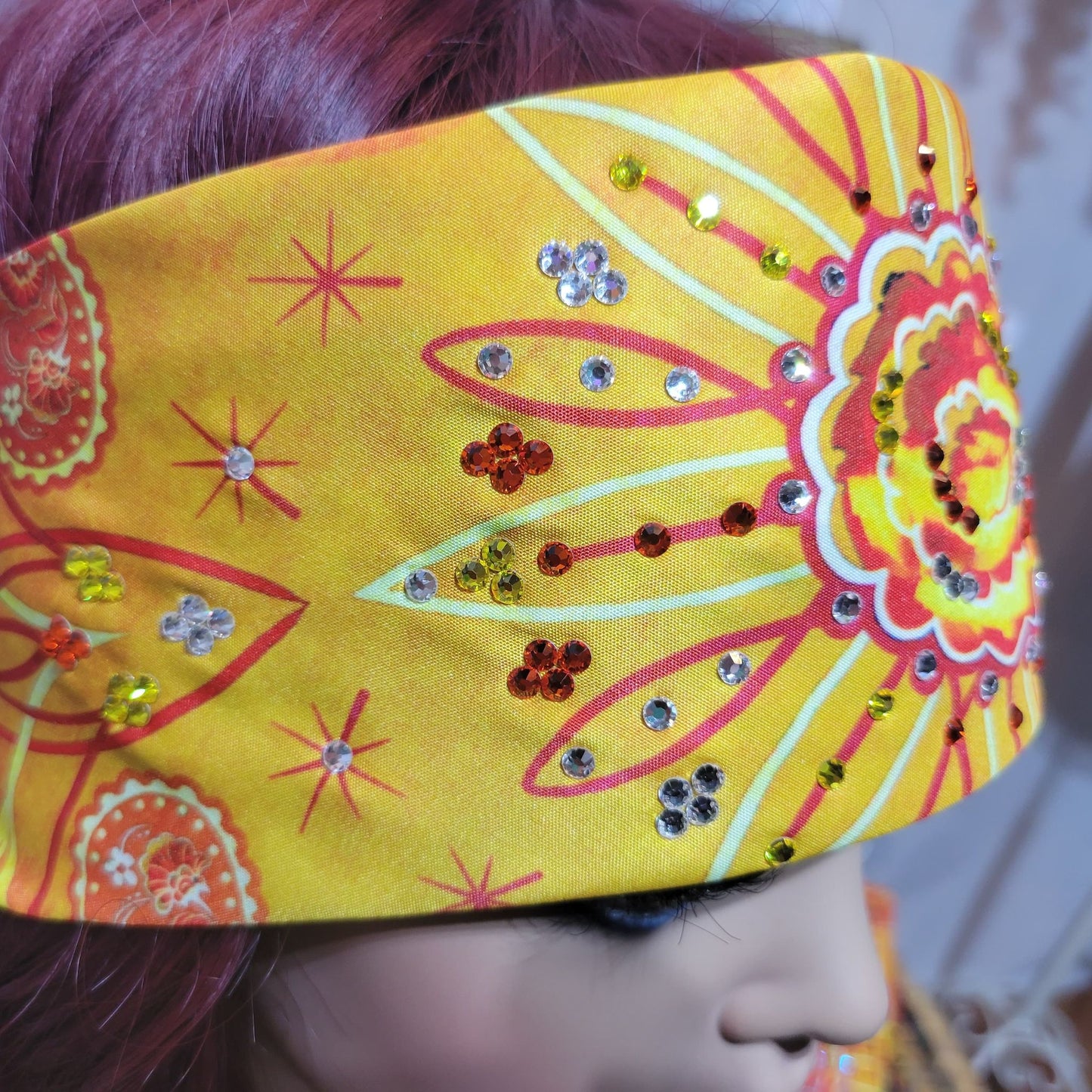 Yellow Flower Pinstripe Bandana with Yellow, Red and Diamond Clear Austrian Crystals (Sku9003)