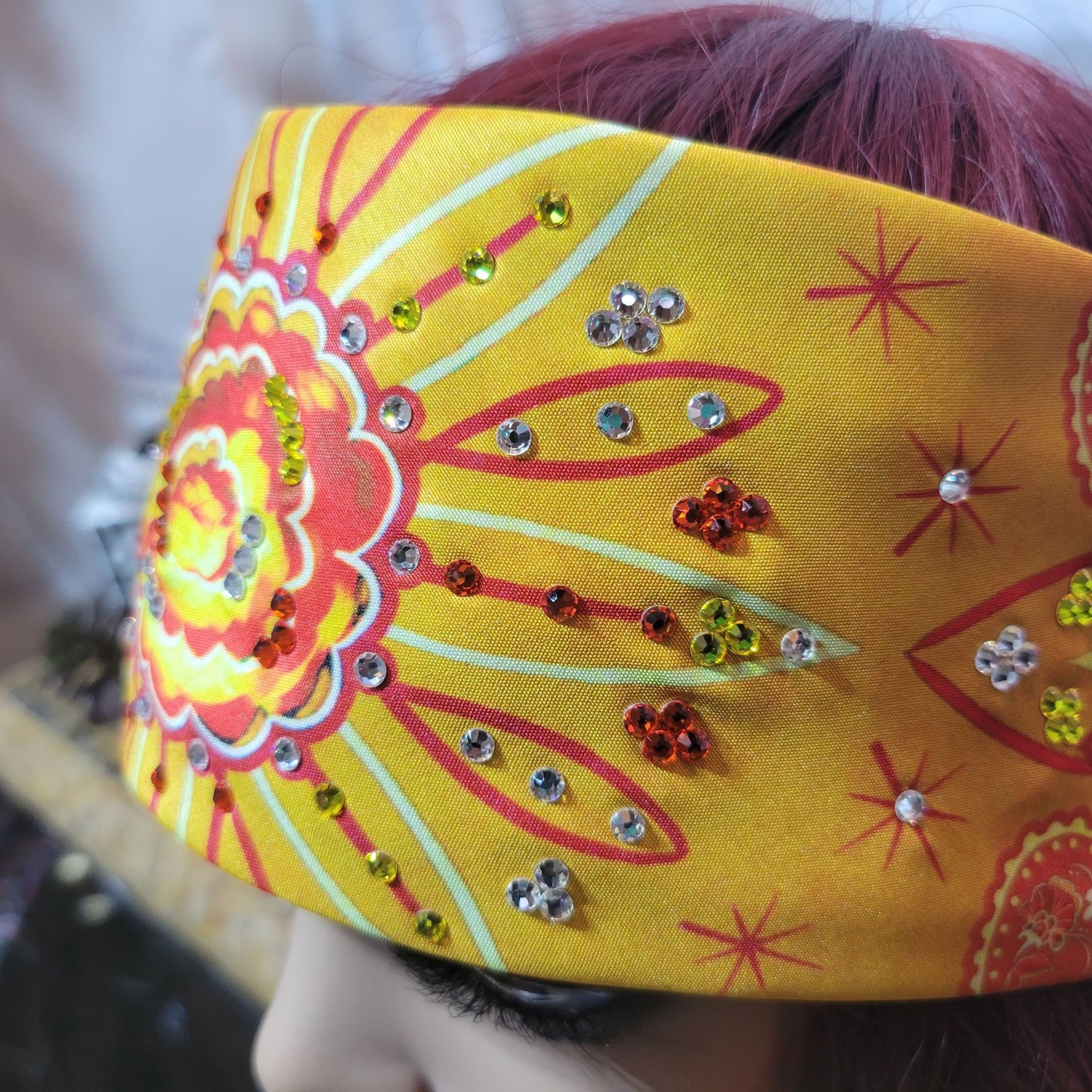 Yellow Flower Pinstripe Bandana with Yellow, Red and Diamond Clear Austrian Crystals (Sku9003)