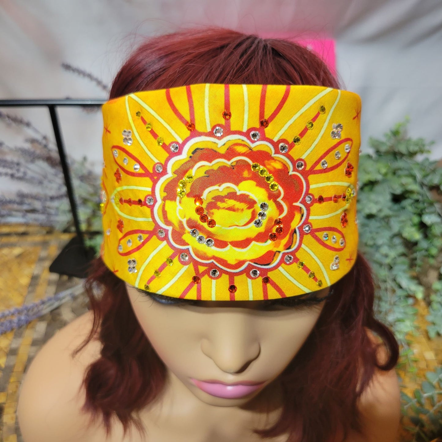Yellow Flower Pinstripe Bandana with Yellow, Red and Diamond Clear Austrian Crystals (Sku9003)