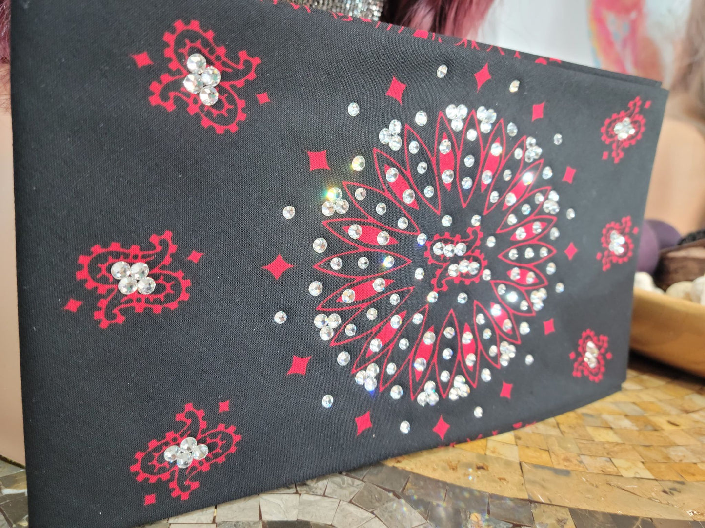 Wide Black and Red Paisley with Diamond Clear Austrian Crystals (Sku9723)