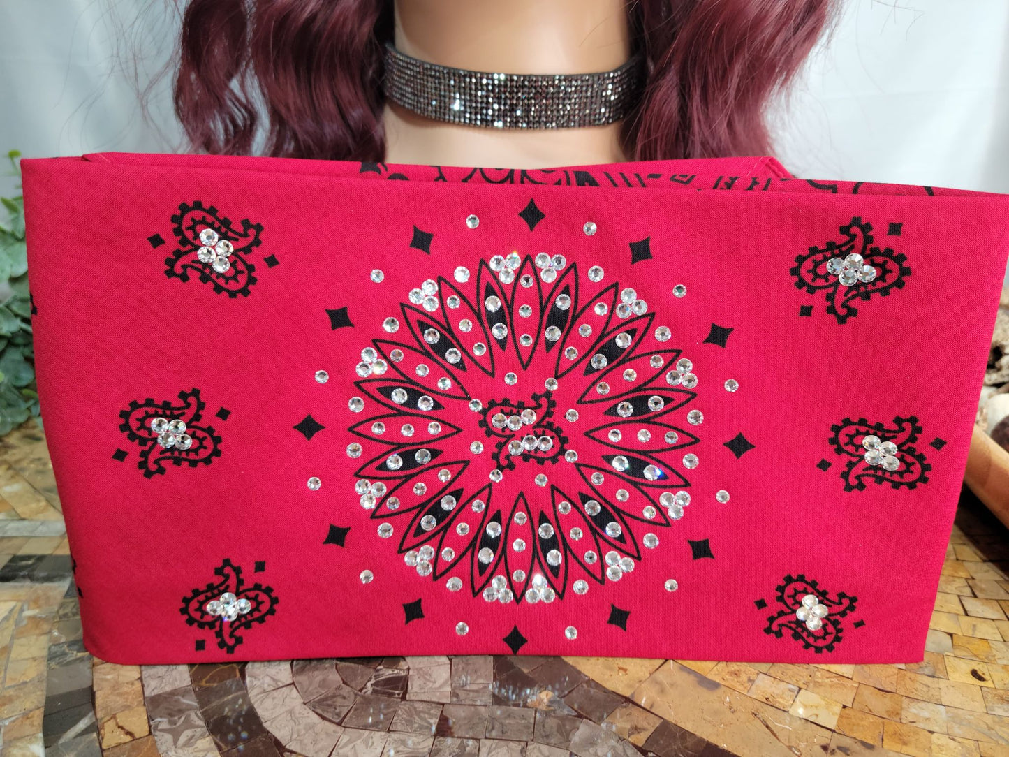 Wide Red and Black Paisley Bandana with Diamond Clear Austrian Crystals (Sku9724)
